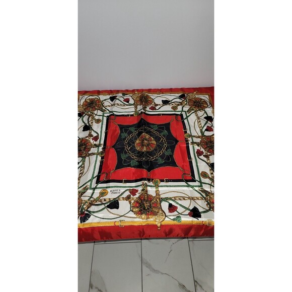 Vintage Hermes Paris Red Gold Blue White 100% Silk 34*34-100% Authentic Silk - Picture 1 of 5